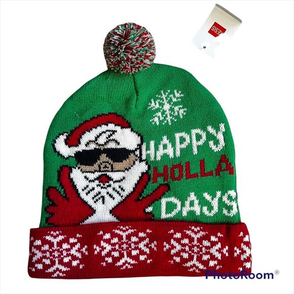 NWT Christmas Pom Beanie “Happy Holla Days” Unisex Winter Hat - Picture 2 of 6